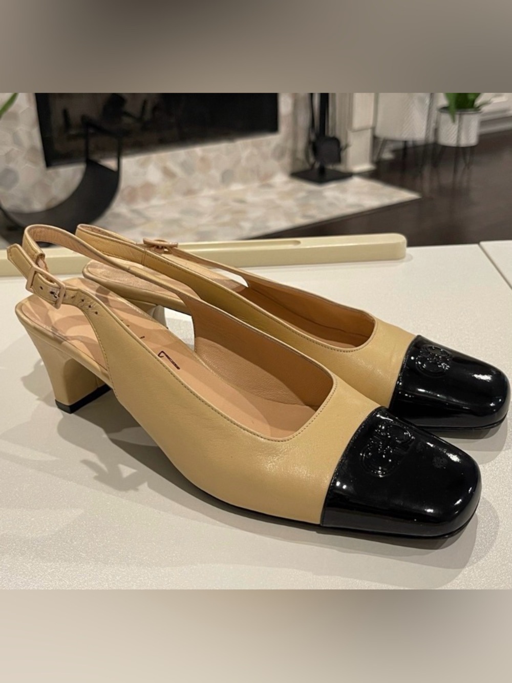 Salvatore Ferragamo Beige Leather Slingback Heels with Black Patent Cap Toe 7B